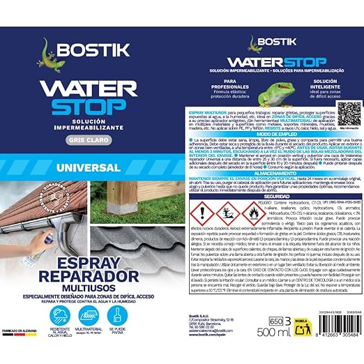BOSTIK Waterstop Spray Réparateur Multi-Usages Gris – Spray Imperméabilisant 500 ml