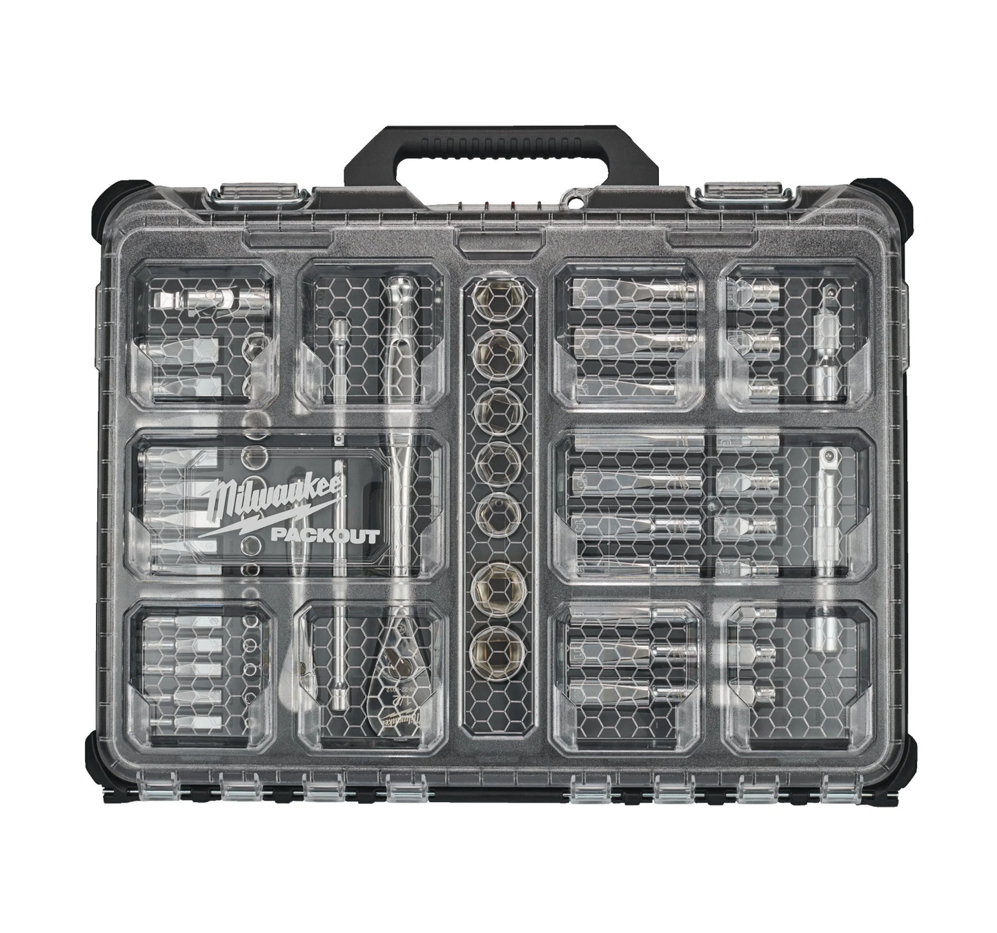 Coffret de douilles Milwaukee 63 pièces avec cliquet 1/4" et 1/2" et organiseur compact et mince