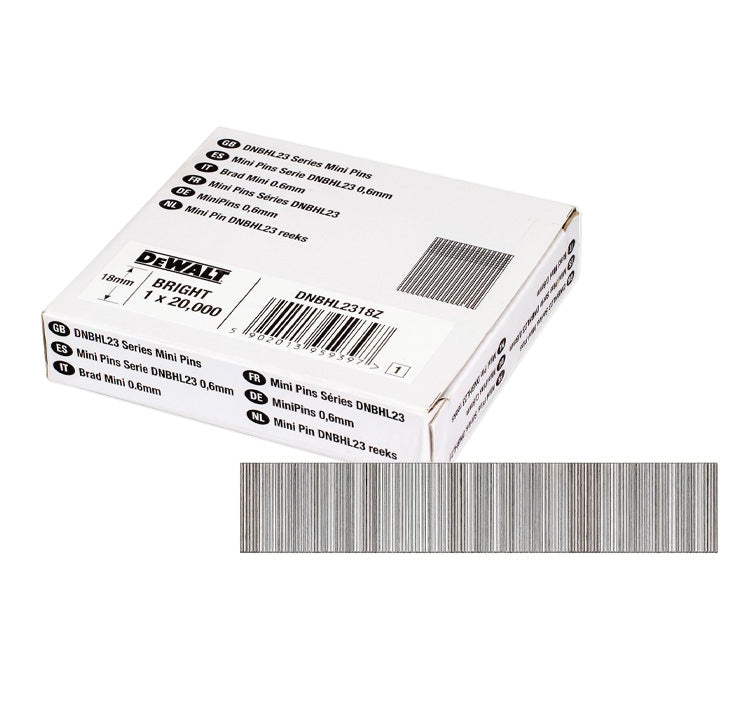Doos met 20.000 stuks koploze mini-spijkers voor afwerkingsspijkerpistool 0,6 mm x 18 mm Dewalt DNBHL2318Z