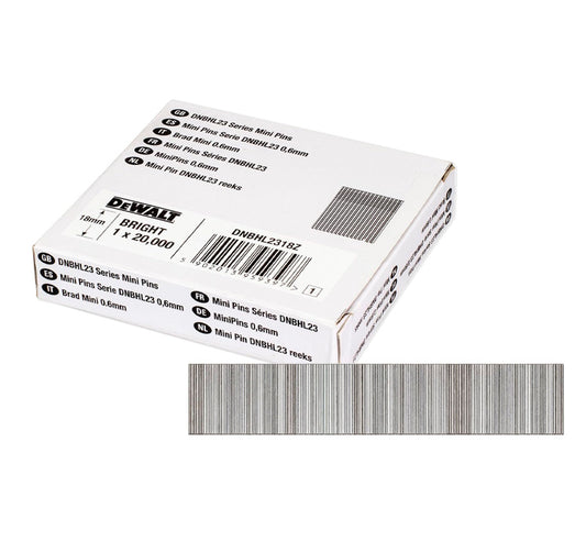 Doos met 20.000 stuks koploze mini-spijkers voor afwerkingsspijkerpistool 0,6 mm x 18 mm Dewalt DNBHL2318Z