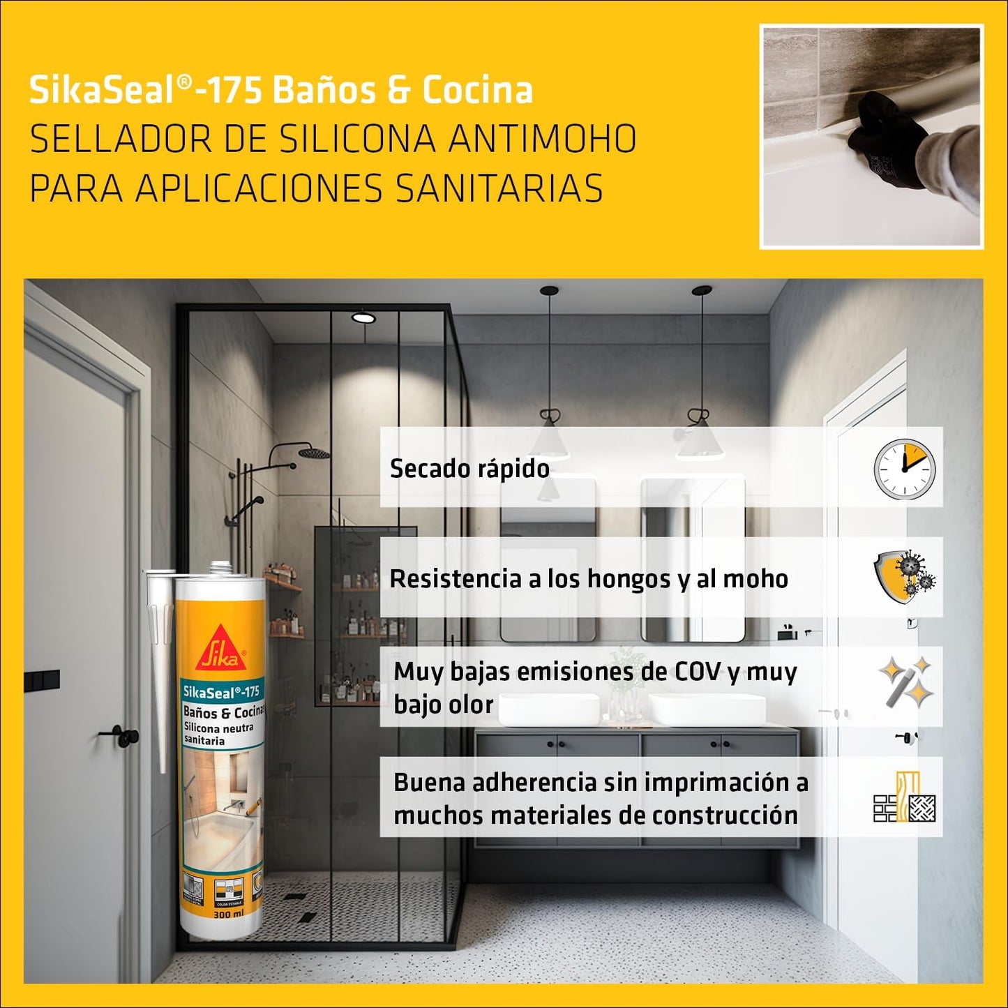 Sanitair neutrale siliconenkit cartridge 300ml SikaSeal-175