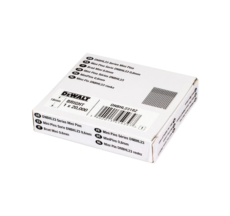 Doos met 20.000 stuks koploze mini-spijkers voor afwerkingsspijkerpistool 0,6 mm x 18 mm Dewalt DNBHL2318Z