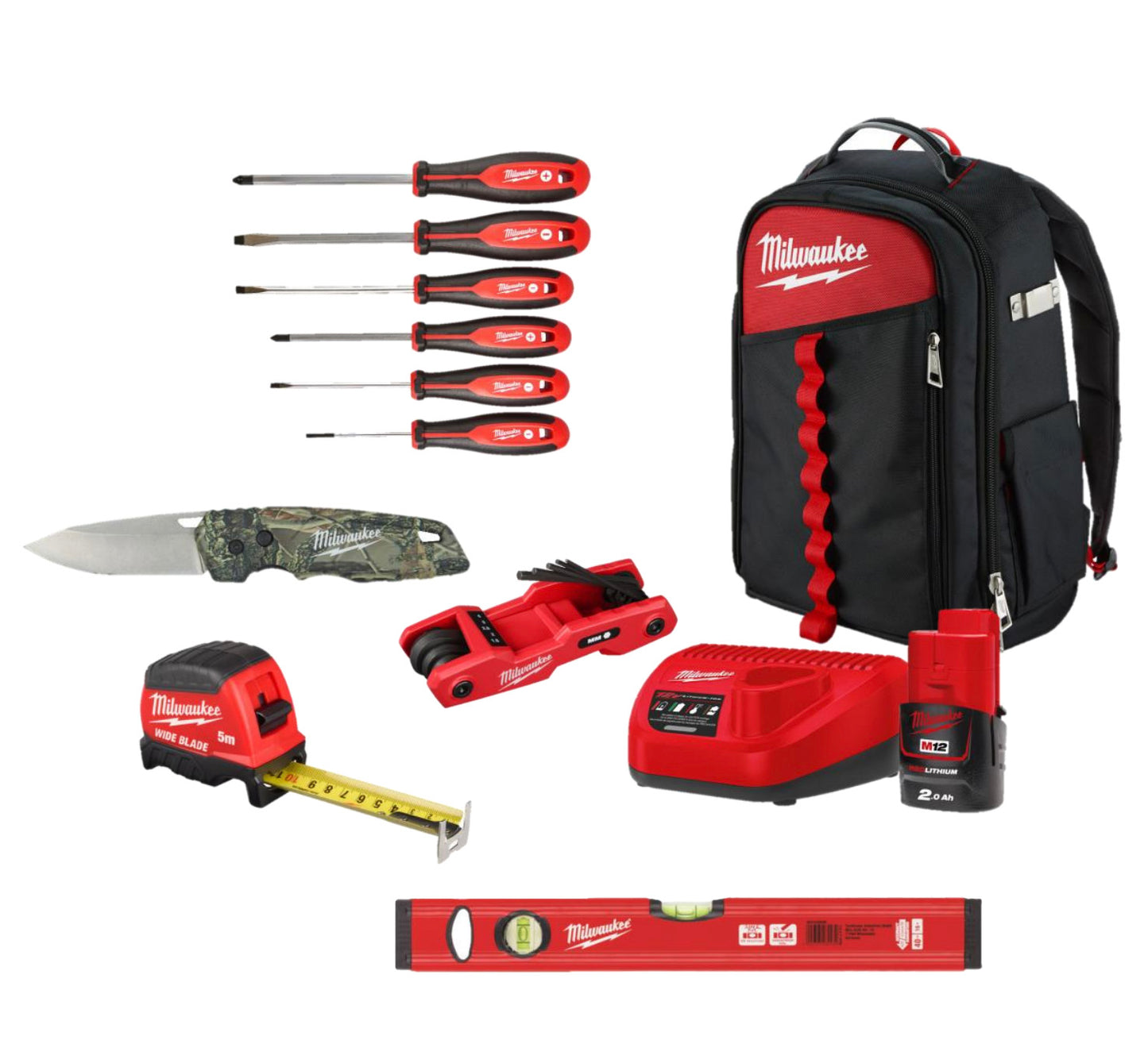 Speciale set met handgereedschap + oplader + accu + Milwaukee Jobsite-rugzak