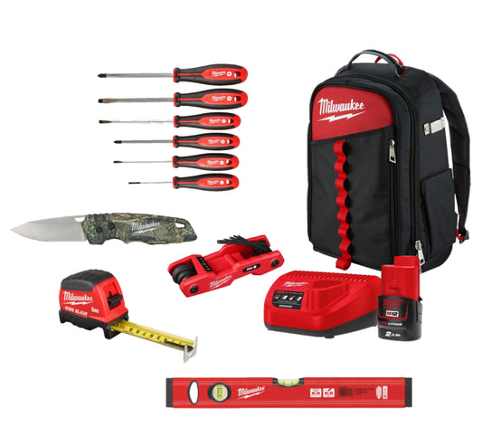 Speciale set met handgereedschap + oplader + accu + Milwaukee Jobsite-rugzak