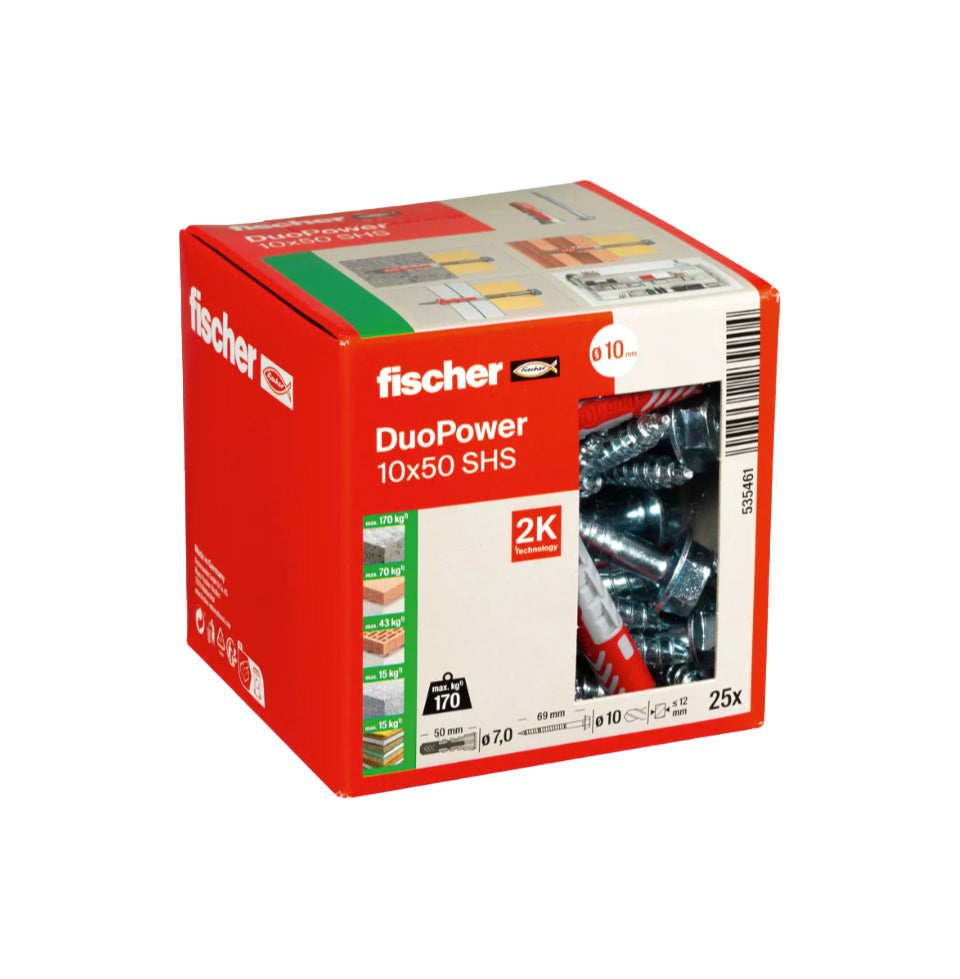Boîte de chevilles Duopower 10x50S + vis Fischer 25 pièces