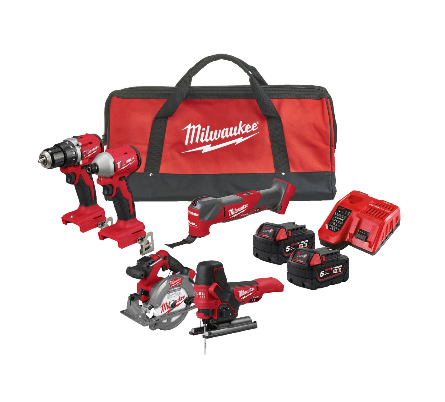 Pack d'alimentation 5 outils + 2 batteries 5 Ah + Chargeur + Sacoche Milwaukee M18 BLCPP5A-502B