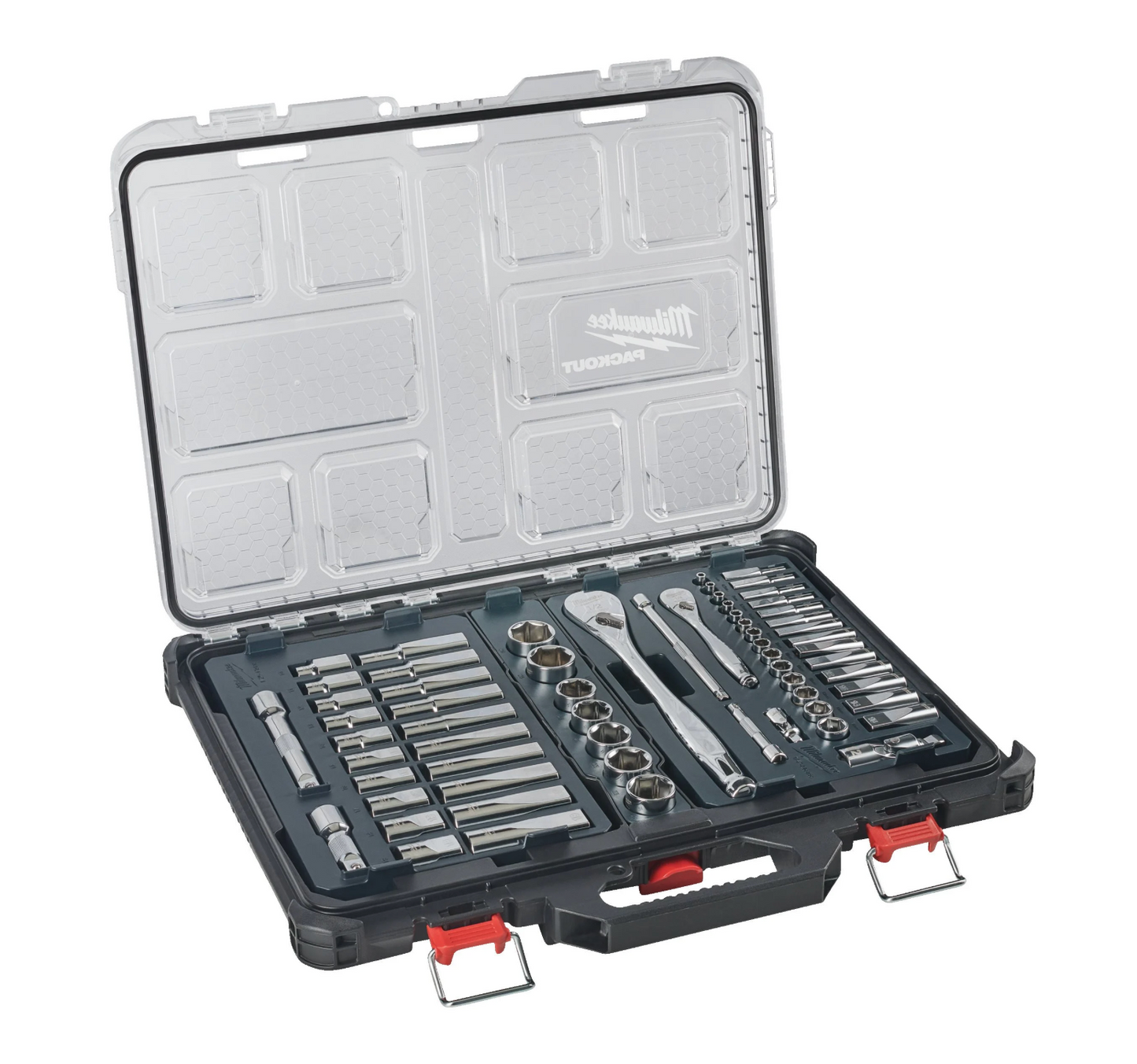 Coffret de douilles Milwaukee 63 pièces avec cliquet 1/4" et 1/2" et organiseur compact et mince