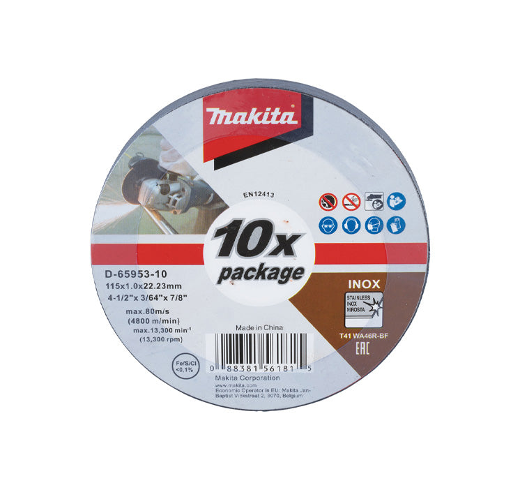 Doos met 10 Makita D-65953-10 115mm roestvrijstalen doorslijpschijven