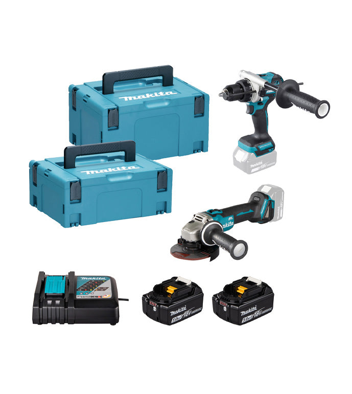 Kit combiné Makita DLX2552TJ 18V : Perceuse DHP492 + Meuleuse DGA504 + 2 batteries 5 Ah + Chargeur + Coffret de transport