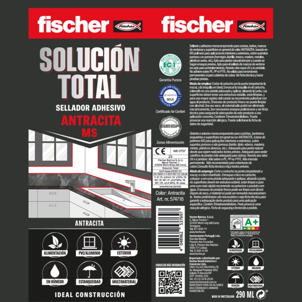 Cartouche de mastic adhésif MS Solution totale 290 ml Fischer